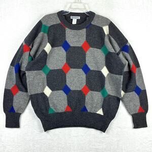 VTG 80s Bullock & Jones Wool Knit Sweater Mens XL Gray Geometric Oversized Italy